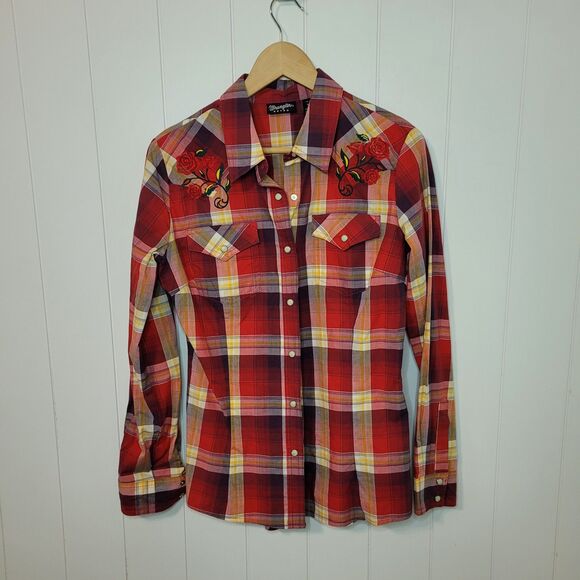 Wrangler Retro Women Size S Pearl Snap Western Shirt Cowgirl Rodeo Plaid Roses - Picture 1 of 9